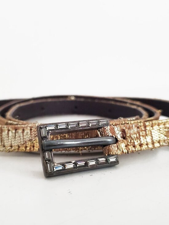 Lanvin Vintage Gold Lame Black Crystal Buckle Skinny Belt Small main image 6